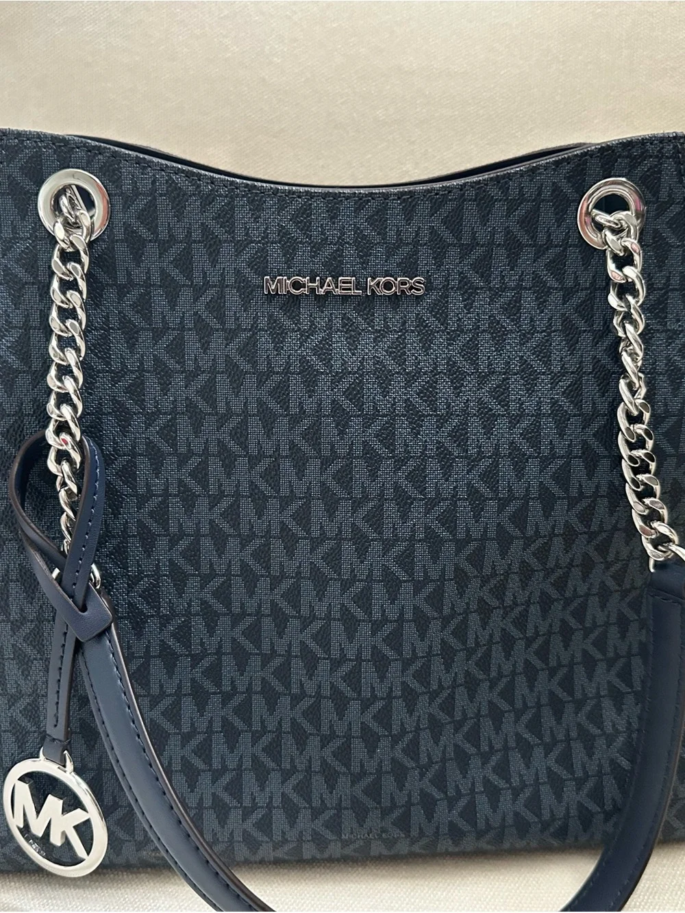 Michael Kors Navy & White MK Signature Crossbody Bucket Bag